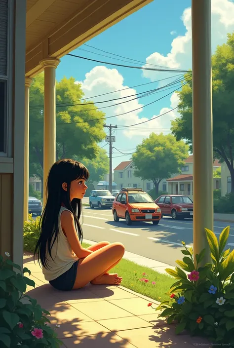  which sounds crowded due to the many passing vehicles,  There is a figure of a girl sitting on the porch of her house . Her name is Fayla .  Fayla is a girl with long black hair ,  and has a slender yellow skin .