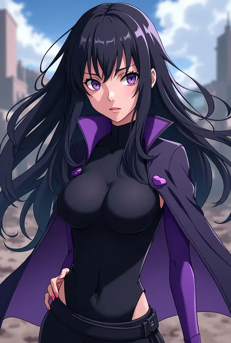  anime style .  long wavy hair with black bangs, dark purple eyes, tight black clothes (Of battle with purple details ), light skin, 19 years old,  Big breasts and thin waist . (Traits of Hinata Hyuga.)  most striking eyes , and irritated face  ( traits of...