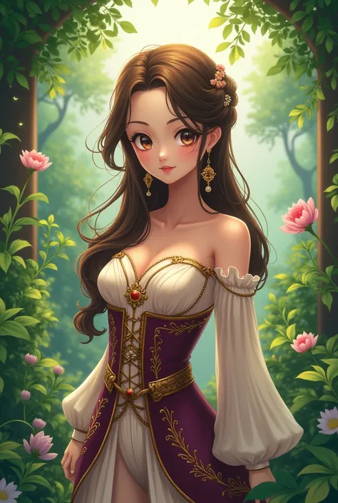  I would like to create a fictional character based on the graphics and animation of One Piece ,  your hair is long wavy and brown ,  but they may be tied to an elegant hairstyle .  I would like the character to now be dressed in a more elegant and serious...