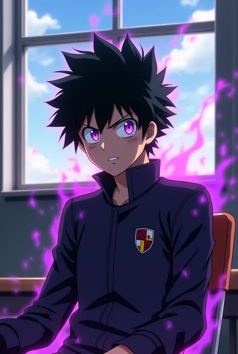  screenshot of my hero Academia.
Chico de Pele said disheveled black style ,  has purple eyes and with a purple aura around his body ,  he has an angry and neutral expression 
He is wearing the UA uniform and in the background he has a class and is sitting...