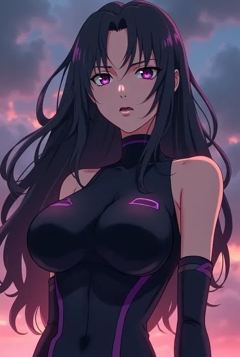  anime style .  long wavy hair with black bangs, dark purple eyes, tight black clothes (Of battle with purple details ), light skin, 19 years old,  Big breasts and thin waist . (Traits of Hinata Hyuga.)  most striking eyes , and irritated face  ( traits of...