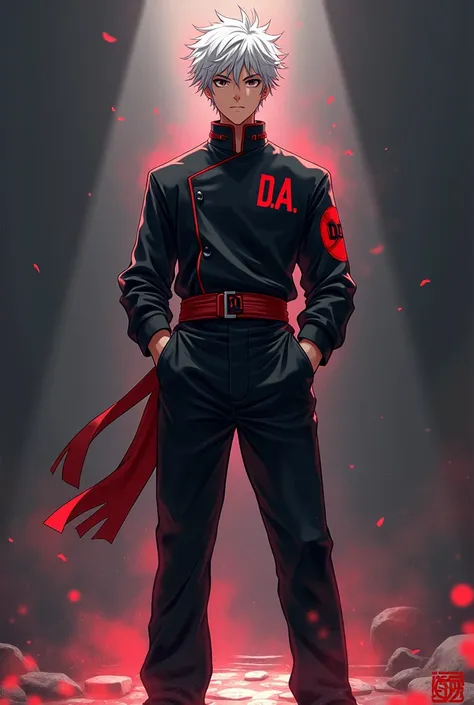 Anime, light novel, novel cover, teenage , student martial arts, white hair, cocky look, hands in pockets, all black uniform with red accents, D.A monogram on uniform, tall, aura