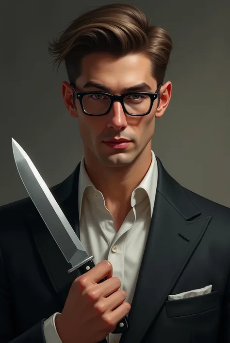 A charming guy , with a tidy tuft , square glasses,  he is wearing a suit and holding a knife