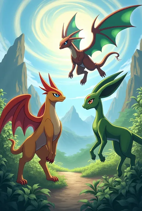 A picture of the pokemon, Flygon
,Blaziken and Leafeon
