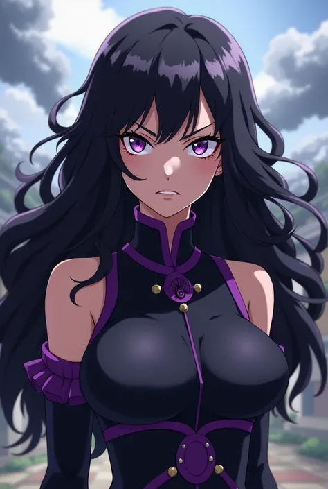  anime style .  long wavy hair with black bangs, dark purple eyes, tight black clothes (Of battle with purple details ), light skin, 19 years old,  Big breasts and thin waist . ( traits of Hinata Hyuga.)  most striking eyes , and irritated face  (Naruto ch...