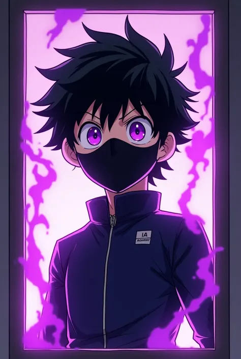 My hero Academia images 
Boy with short disheveled black hair With a mask without any features of black expression and where his eyes go, two purple eyes brimming with energy and a purple aura hanging around his body centered in a window with the uniform o...