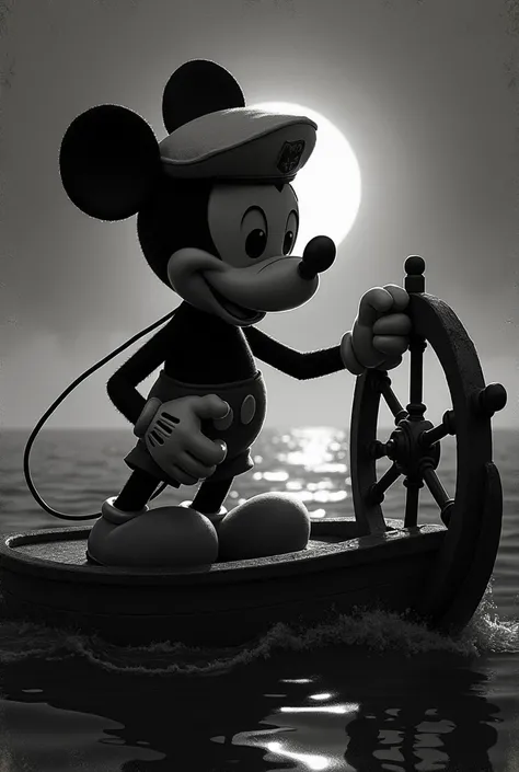 Create Mickey Mouse but his eyes are all black without gloves and a sailors cap driving on a boat, referring to the 1928 Mickey Mouse in black and white and also Mickey Steamboat Willy, that the camera is on Mickeys side 