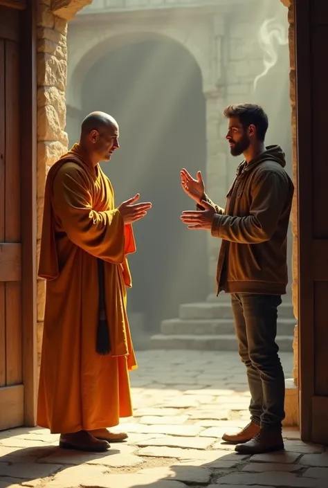 A serene courtyard of the monastery, bathed in soft, golden sunlight. A monk in traditional saffron robes stands calmly at the entrance, his hands folded, radiating calm and wisdom. Opposite him stands Ethan, a rugged explorer with a worn jacket, his face ...