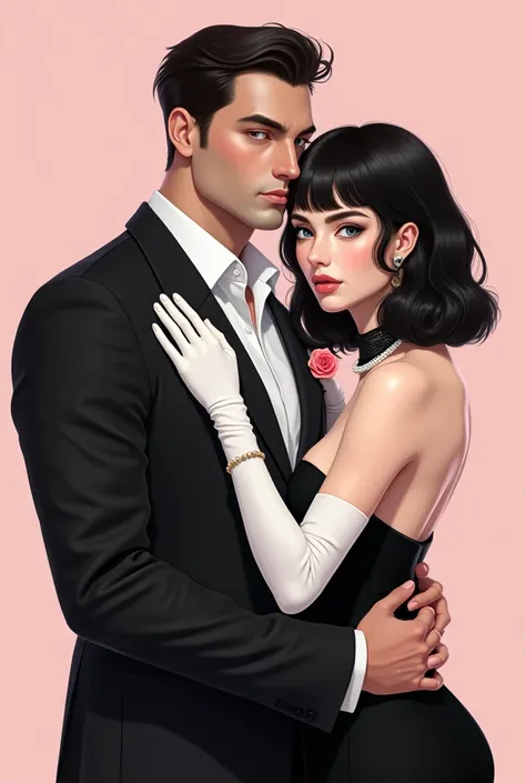 Full body portrait .  Realistic illustration. digital art.  Aesthetic image , romantic.  Attention to detail ,  detailed image . He poses half a profile , Front focus. Aristocratic couple , elegant,  empowered and dominant . The man: Es husky, thick neck, ...