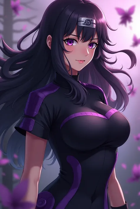  anime style .  long wavy hair with black bangs, dark purple eyes, tight black clothes (Of battle with purple details ), light skin, 19 years old,  Big breasts and thin waist . (Traits of Hinata Hyuga.)  most striking eyes , and irritated face  ( traits of...