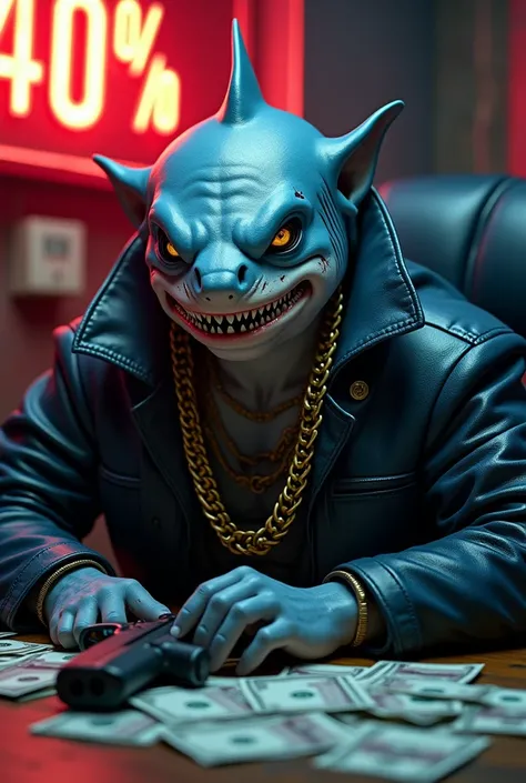 Gray shark, Humanized, Sitting with money on the table, gun on the table , Position of a loan shark , evil face ,  right eye white , left eye black,  scar on the face, gold chain around the neck, Cyberpunk aesthetics, Neon sign written on the background "4...