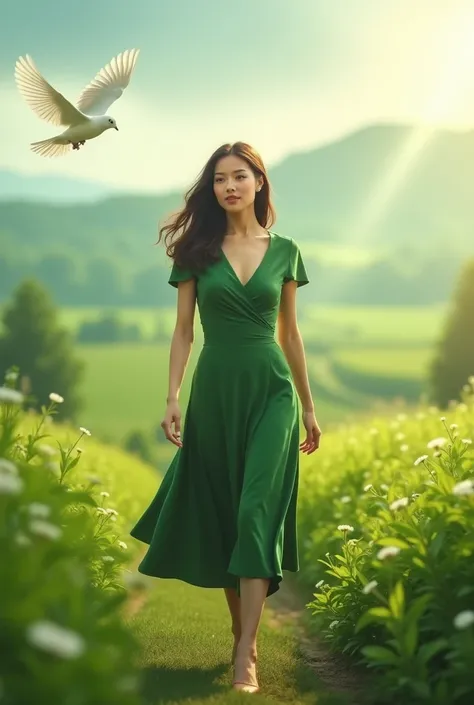 A realistic photo of A woman wearing conservative and elegant green dress walking forward showing smiling face in a green valley with sun shining and flying white dove