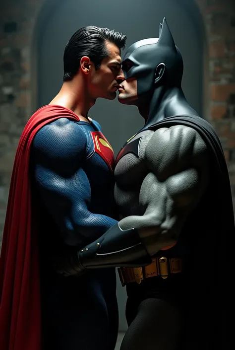 Superman tongue-kissing Batman
