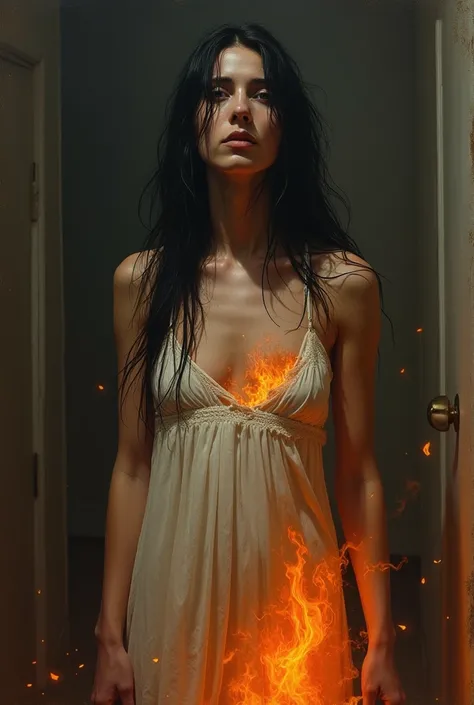  A flat-faced woman in a white bergamot and with long black hair unraveled whose body alone was severely burned by a blaze of orange flames, in a room 