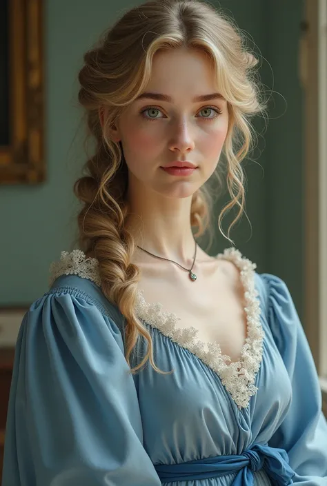 A girl in the 19th century ,  with light hair and green eyes ,  her hair is wavy and her face delicate. his favorite color is blue