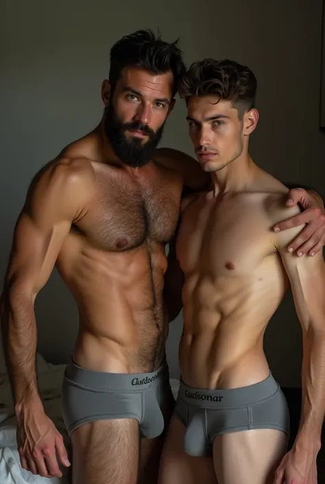 cropped man , quite hairy,  strong and thin and handsome bearded ,  underwear lying on the bed wearing only white briefs and being around 43 years old, next to her handsome, skinny son and also wearing underwear !  with hairy armpits 