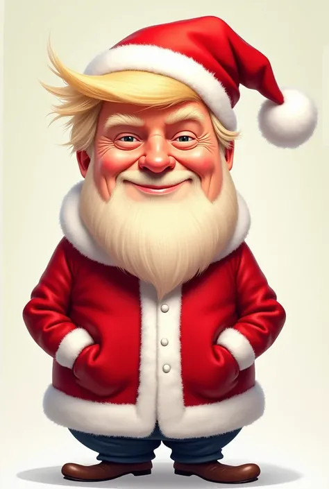 Generate a cartoon image of Trump wearing a Santa Claus hat and a Santa Claus costume with a smile on his side looking at the camera from the front with his head half on his side and with his hands in his pockets in chill guy style