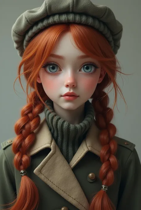 Realistic Russian girl with light blue eyes and red hair like that of Anastasia Romanova with a slightly big coat and a slightly emaciated bag and hat