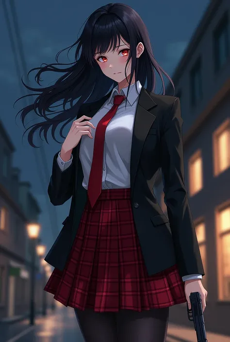  black hair, medium hair,Red eyes, pure white skin, pretty girl, boyish,cool,Neutral,cool, curvy body ,Muscular, Tall, pretty girl,Beautiful breasts, nice butt, white button-down shirt , red tie holding a handgun,black blazer over button-down shirt, red pl...