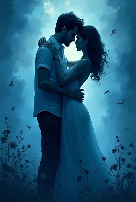 An image of the first cover of a book entitled “IN THE HEART OF OUR DOUBTS”
Of blue color having a man and a woman in love 