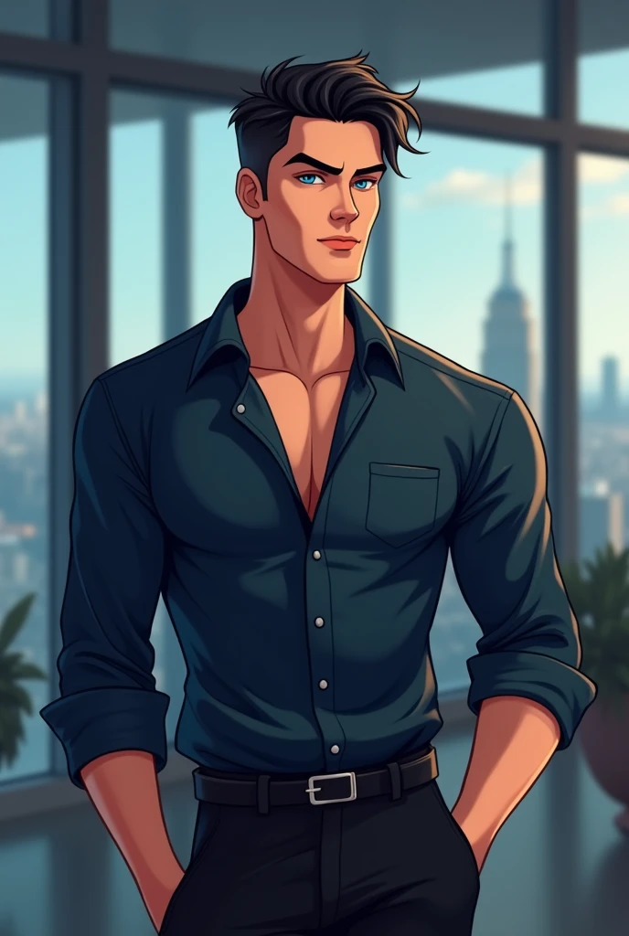  Create an animate realist image of an American man 32 years old, high 1’87 , strong and attractive,  with seductive blue-gray eyes ,  black hair licking in an attractive and stylized cut , His face is attractive,  with a hard and attractive face ,  has se...