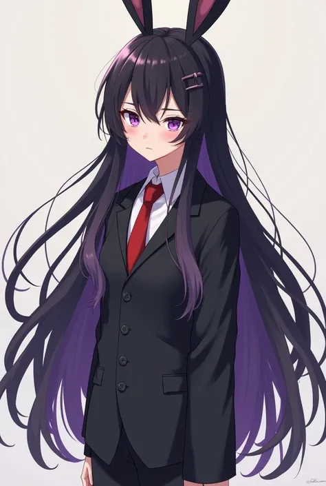 pretty tall in particular has an extremely long black hair purpule hair a calm frown on his face a cute anime like style
He also has an inoccent like expression and bunny like ears with a suit and Red tie