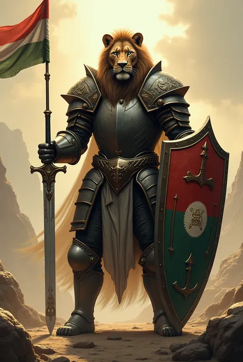  a lion knight with sword and Maldives flag 🇲🇻 (More Details and close ups and more realistic details) (no face only dark face)