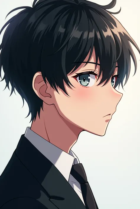 An anime boy with gray eyes and black hair
