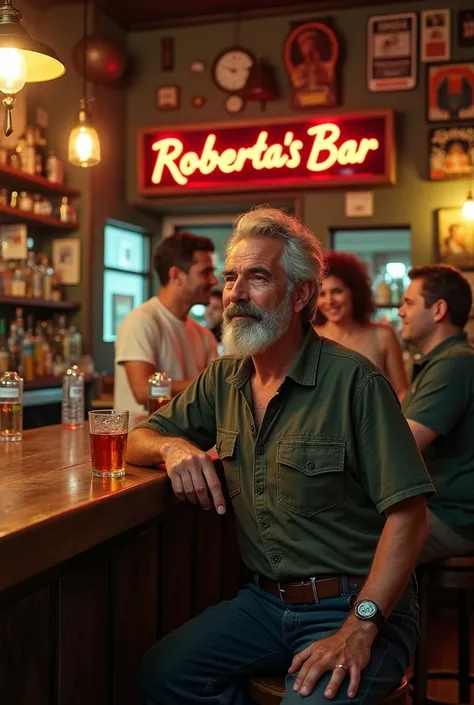  create a man drinking cachaça in a bar called: ROBERTAS BAR 