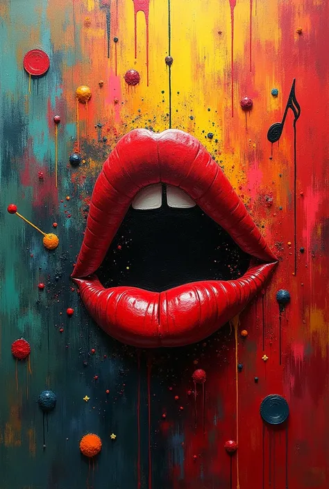 " An abstract painting with vibrant colors that dominate the scene , including reds , blues,  yellow and green . in the center of the painting ,  a mouth painted in intense red stands out as the main focal point .  Around the mouth ,  there are musical sym...