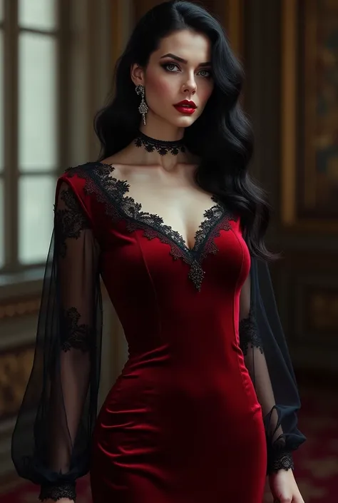 A vampire queen with red and black clothes but who is discreet but elegant and with a simple but chic dress 