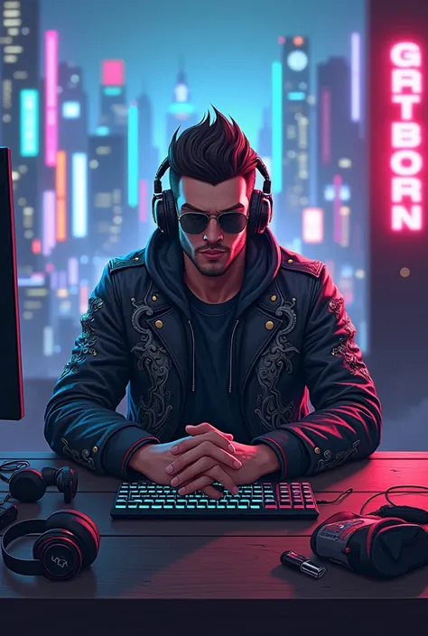  image of a man or character Who sit in a table. Make sure the individual has the desired outfit or aesthetic. Add Accessories and Enhancements:  and jacket digitally  Include gaming accessories like headphones, a keyboard, and a microphone. Background Des...