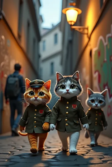 In the picture,  a group of cats wearing military uniforms walks through a narrow and cobbled alley . One of the cats ,  with orange fur ,  wears a small hat with a badge and has an expression of leadership ,  while another , white and grey,  seems more re...