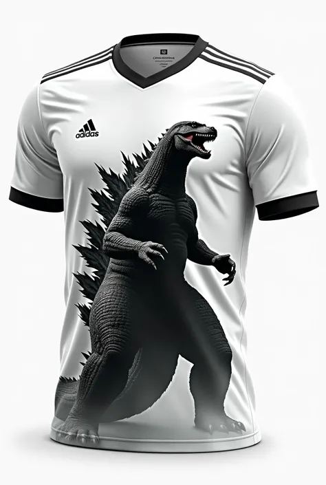 Interclass soccer jersey,  white with a realistic black Godzilla, terrifying, From Adidas 