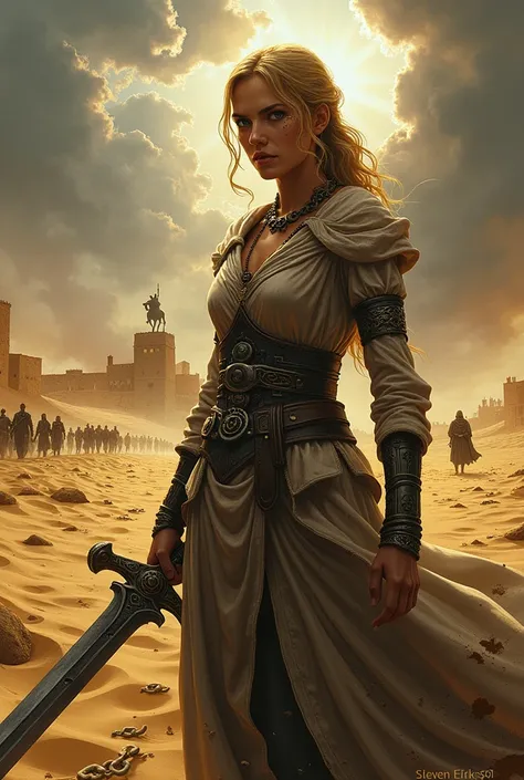 "A capa do livro House of Chains de Steven Erikson, with Karsa Orlong in the center ,  holding her giant sword ,  with scars and a fierce look . In the background,  the desert of Seven Cities with golden dunes and an approaching sandstorm.  A ruined fortre...