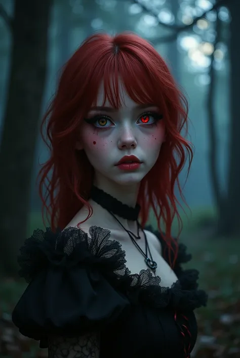 A young white adult ,  a brown eye and a red eye , dark red hair, rosy cheek,  with eyeliner and black lipstick ,  wearing a dark black and red dress in a forest at night