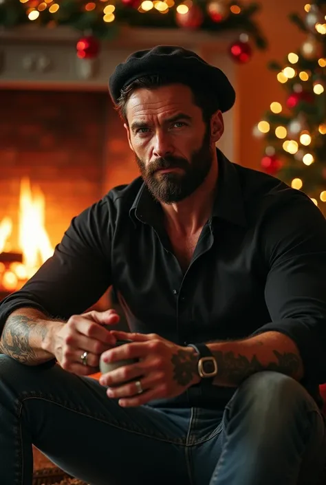   Attractive 35-year-old Hugh Jackman with short brown hair  , with wavy tips , Lots of exaggerated beard large abundant long and thick with an upturned mustache  ,  blue eyes  ,  freckles large and marked muscles  , great vices , accentuated abdomen , Tat...