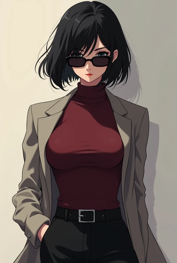 anime, Donna,  Black bob hair ,  black sunglasses , mole on the face ,  burgundy bodice and black pants