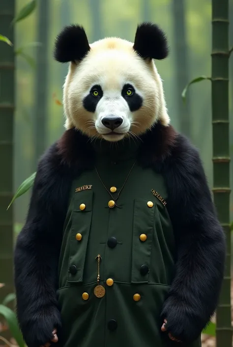 Create a hybrid of the Chinese Chief of Army Staff and a giant panda. Their black-and-white uniform fuses with panda fur, and their serene yet powerful eyes glow a faint jade green. The hybrid stands amid bamboo forests, exuding calm authority.