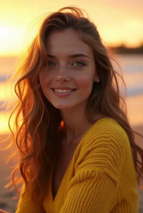 Jolie et belle blonde foncée dans un pull jaune "Vieux style dargent "(a la plage avec un couché du soleil ), Très détaillé, 21 ans, visage innocent, longs cheveux naturels ondulés blonds foncés, yeux bleus, Haute résolution, chef-dœuvre, meilleure qualité...