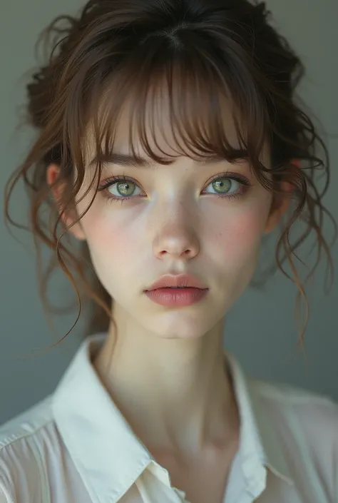 An adult(boy) With light brown hair, light green eyes, very clear skin, gray background small eyes and delicate and feminine appearance