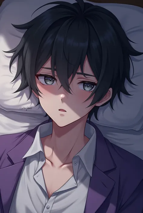 Asashi is a 18 year old man, he has black disheveled hair and gray eyes, sleepy, laying on a bed, wearing purple white