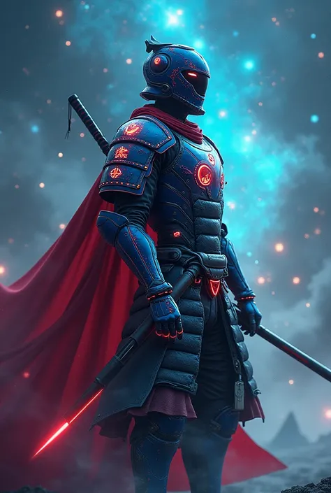 A samurai with (Maldives flag only 🇲🇻) (realistic) (more details) (sci-fi galaxies) (no face)