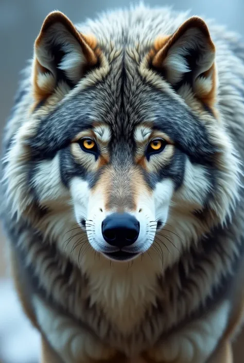 Huge gray and white wolf ,  with half light gray face and dark gray other side with blue and amber eyes 