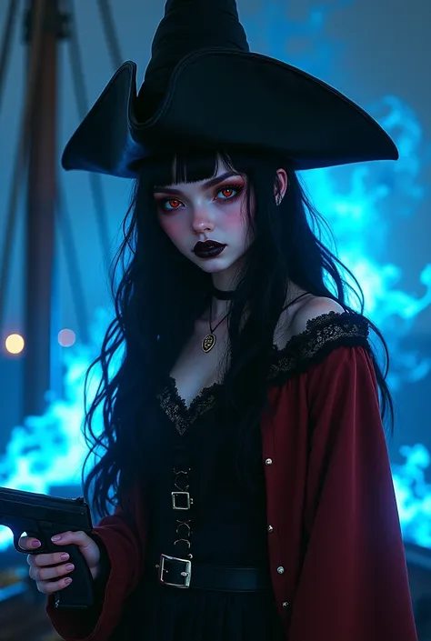 A young white adult ,  a brown eye and a red eye ,  long hair , with bangs above the eyebrow, rosy cheek,  with eyeliner and black lipstick , wearing a dark black and red dress on a pirate ship at night.  The silhouette surrounded by blue fire and her hold...