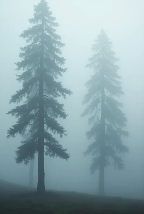 Front view of Tall trees losing in the White mist.