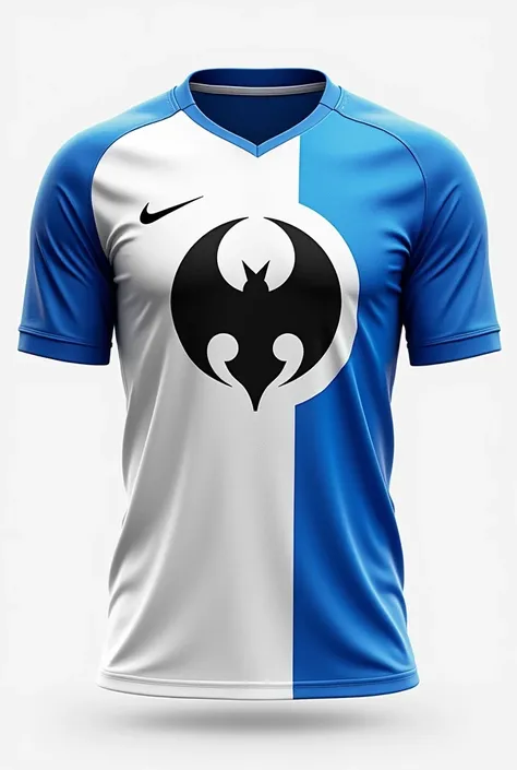 Interclass soccer jersey, white and blue with a black beserk symbol in the middle on the print, and Nike 