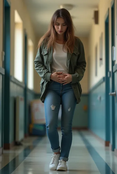 A young woman is bursting to pee at school. She is wearing normal clothes and she is attractive. She is crossing her logs and holding her crotch. (Normal style not stuff like anime.)