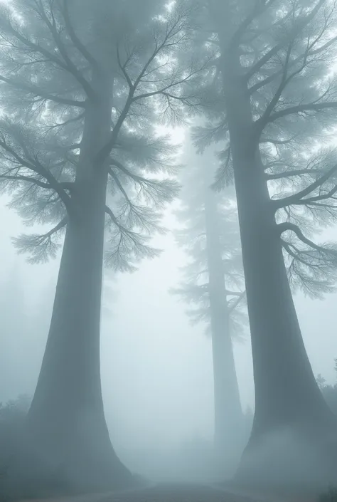 Front view of thick Tall trees losing in the White mist.