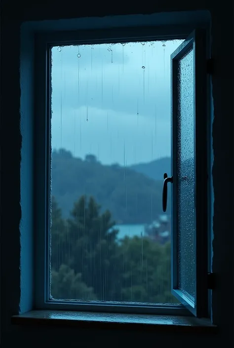 A window open 
rain dark blue effect 